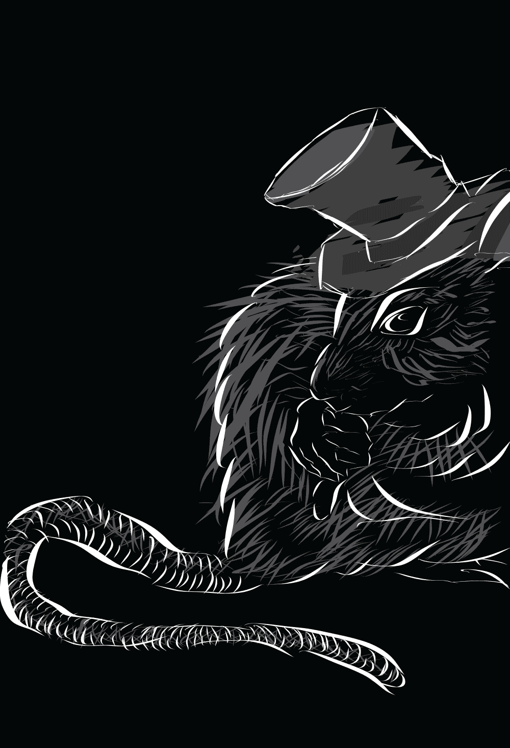 Ilustração de um rato com cartola, representando a ganância e a perversidade humanas, por Nêio Mustafa