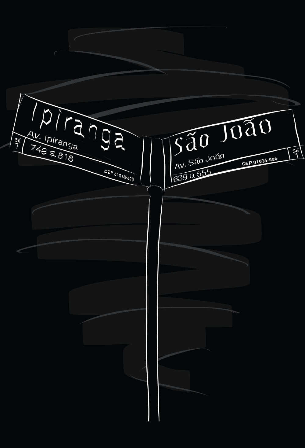 Ilustração de placa de esquina com as palavras 'Av. Ipiranga' e 'Av. São João', ilustração de Nêio Mustafa. Ilustração de placa de esquina com as palavras 'Av. Ipiranga' e 'Av. São João', ilustração de Nêio Mustafa.