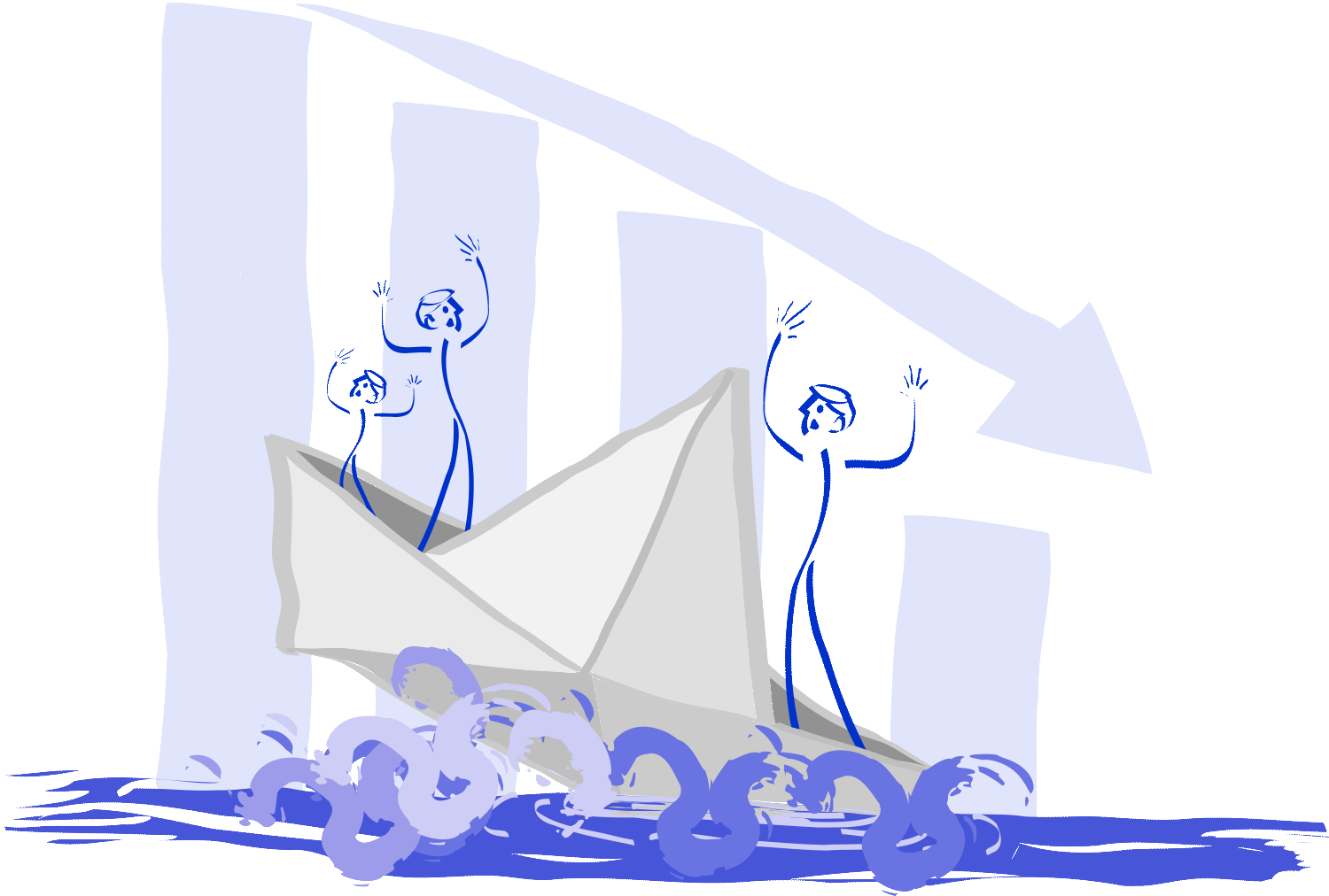 A ilustração retrata a decadência de uma empresa, simbolizada por um barco de papel afundando, enquanto uma seta em queda exponencial ao fundo indica o declínio acentuado. Ilustração por Nêio Mustafa. A ilustração retrata a decadência de uma empresa, simbolizada por um barco de papel afundando, enquanto uma seta em queda exponencial ao fundo indica o declínio acentuado. Ilustração por Nêio Mustafa.